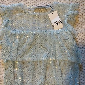 ZARA semi-sheer sequin top in baby blue. STUNNING!